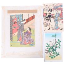 A group of 3 woodblock oriental prints by Koryusai , including 1 of bird nestling on a treen branch,