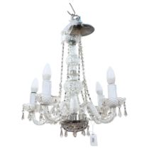 Vintage 5-branch glass chandelier with chrome mounts, with lustre drops, 45cm across