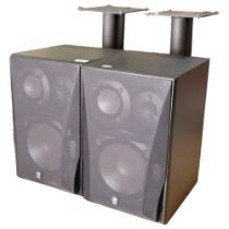 A pair of Yamaha MS-6490 black floor standing speakers, with associated stands, serial no.