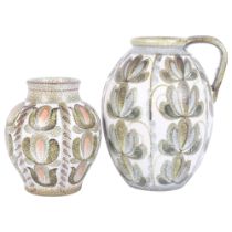 A large Denby Studio pottery ceramic jug, H31cm, and a similarly decorated vase, both stamped to the