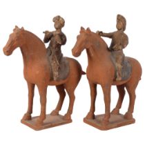 A pair of Tang style pottery horses with musician figures, H40cm