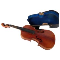 A three-quarter-size wooden violin, in associated wooden hardshell case, no bow, violin back