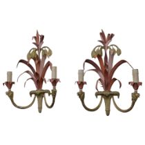 A pair of mid-20th century gilt-brass and painted Toleware twin-branch wall lights, by Maison