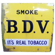 A large enamel sign, "Smoke B.D.V, it's real tobacco", 125cm x 122cm