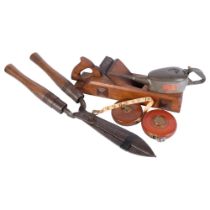 A group of Vintage tools, including a large French wooden smoothing plane, a large pair of shears, a