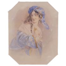 Alfred Edward Chalon RA (1780 - 1860), woman holding a dagger, watercolour, 15cm x 12cm, framed Even