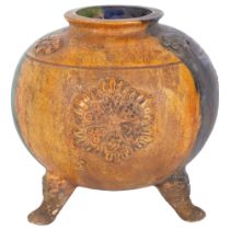 Oriental stoneware pot on 3 feet, with moulded and glazed decoration, H16cm