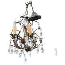 Vintage pressed metal chandelier with floral design and lustre drops, 32cm across