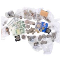 A collection of pre-decimal English coins and banknotes, including 3 blue £5 notes, 6 x £1 notes,