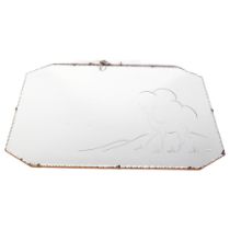 A 1950s canted corner wall mirror, with scalloped edge and deer decoration, 76cm x 50cm overall