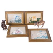 A group of 4 Oriental floral paintings on silk, signed and stamped, framed, 16.5cm x 22cm, a Beswick