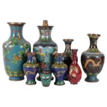 A cloisonne table lamp, H33cm, and 7 other cloisonne vases, various designs, some damage