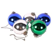 5 witch's balls in various colours, with mounts, 14cm diameter