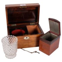 A Regency rosewood tea caddy, with single fitted lidded container and glass mixing jar, W23.5cm Good