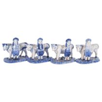 Delft blue and white faience pottery bull and farmer, length 14cm, and 3 similar figures Good