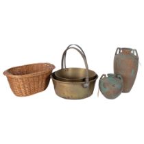 2 Victorian brass jam pans, a small wicker basket, and 2 ceramic amphoras