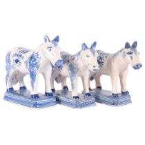 Delft blue and white pottery horse, length 17cm, height 15cm, and 2 similar Delft horses Tiny