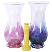 2 similar Art glass vases, 26.5cm, and a small yellow vase
