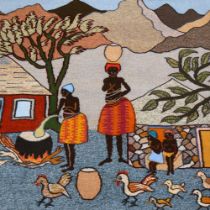 An African woven wool wall hanging, depicting figures in a village with fire and poultry, 107 x