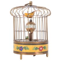 A brass and cloisonne decorated bird cage design clock automaton, H20cm