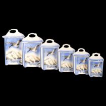 A graduated set of 6 Vintage porcelain kitchen storage jars, with French inscriptions, and design of