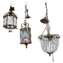 Hexagonal brass hanging lantern, with etched frosted panels, a cylindrical brass lantern, and a