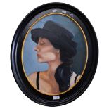 CLIVE FREDRIKSSON - an oil on board, study of a girl in a black hat, oval frame, signed.