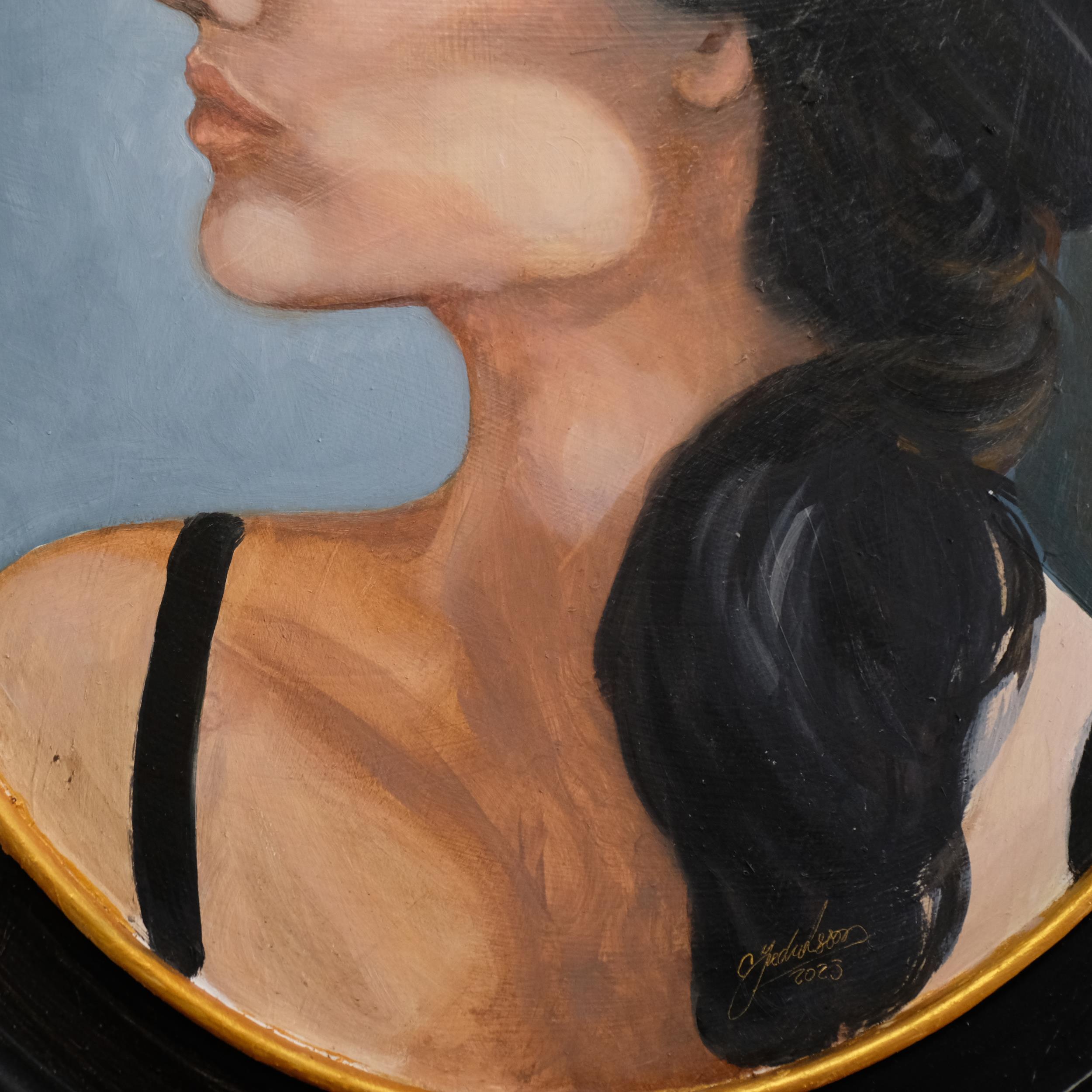 CLIVE FREDRIKSSON - an oil on board, study of a girl in a black hat, oval frame, signed. - Image 2 of 2