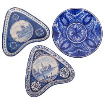 2 similar Delft blue and white pottery kite-shaped dishes, 24cm across, and a painted pottery