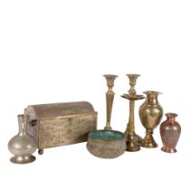 A pair of engraved brass candlesticks, 31cm and other Middle Eastern metalware