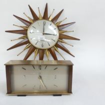 A Metamec battery operated Vintage sunburst wall clock, and a brass Metamec battery mantel clock,