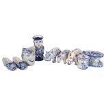 2 faience pottery hippos, a rhino, a pair of slippers, Delft Toby jug, 11cm etc Hippo has a hairline