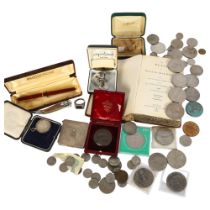 A collection of various pre-decimal English coins and commemorative coins, silver fob, American