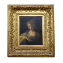 Oil on board, portrait of a young lady, unsigned, image 33cm x 26cm, 61cm x 54cm overall, in