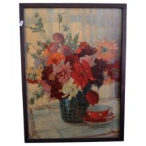 A still life print on board, vase of flowers, 71cm x 53cm overall, framed