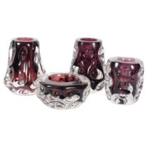 A group of 3 amethyst and clear Liskeard glass vases, tallest 13cm, and matching candle holder,