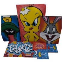 A collection of cartoon and other prints on canvas, including Bugs Bunny. Tweety Pie, and others,