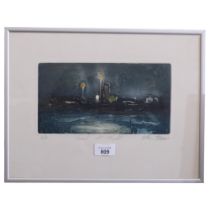 Arthur Freeman, vessel at night, etching, signed in pencil, artist's proof, plate 13cm x 25cm,