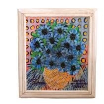 Royston Du Maurier Lebek, acrylic on canvas, "blue daisies", 48cm x 42cm overall, framed