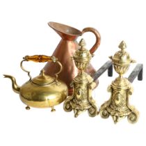 A pair of Victorian polished brass andirons, L42cm, a Victorian copper ale jug, and a Victorian