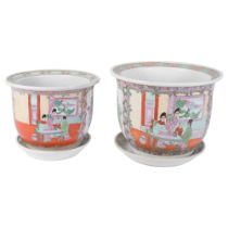 A graduated pair of modern Chinese jardinieres and saucers, with enamelled floral and figure
