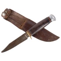 A barrel handled hunting knife, by William Rogers, Sheffield England (tip missing), with leather