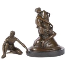 An erotic bronze female figure on marble plinth, H17cm, and a bronze depicting a naked man