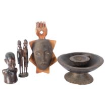 An African Tribal carved wood wooden bowl within a bowl, 35cm across, a mask, a carved bust, and a