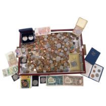 A tray of pre-decimal English and worldwide coins, and various banknotes, commemoratives etc