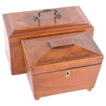 A 19th century mahogany tea caddy, with fitted interior and ring handles, and another with inlaid
