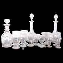 A pair of cut-crystal decanters and stoppers, 33cm, another, and various drinking glasses