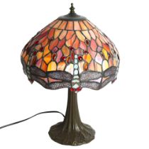 A Tiffany style table lamp with dragonfly design leadlight shade, H46cm