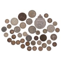 A small tray of pre-1946 English silver coins, Victorian half penny, etc