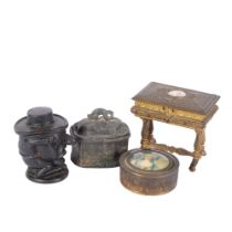 A lead casket, a cast-iron novelty tobacco jar, H13.5cm, a French jewel casket on stand, and similar